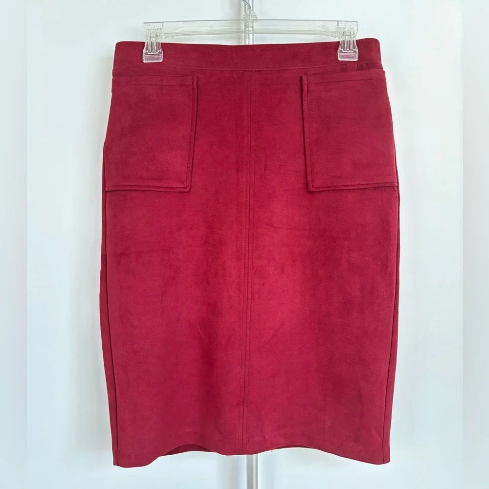Carole Wren Cranberry Faux Suede‎ Stretch Pull-on Pencil Skirt Pockets & Slit Sm